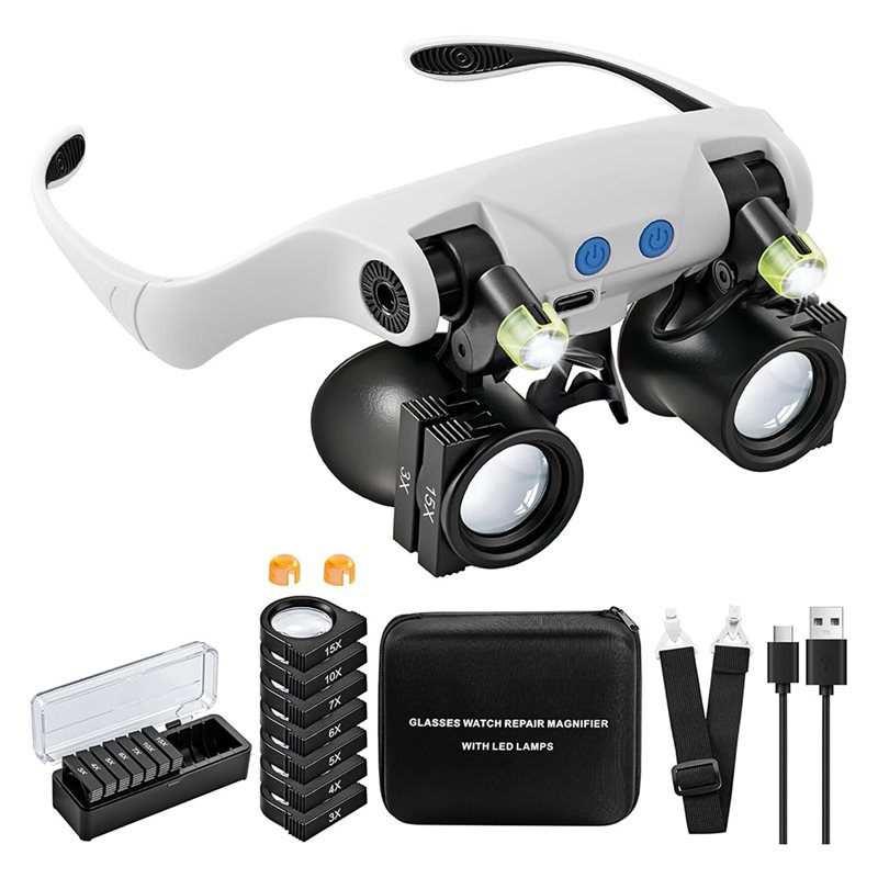 Electronics Repair Glasses - แว่นขยายแบบมีไฟ LED ABUP, แว่นขยายแบบแฮนด์ฟรีพร้อมเลนส์เปลี่ยนได้ 14 ชิ้น