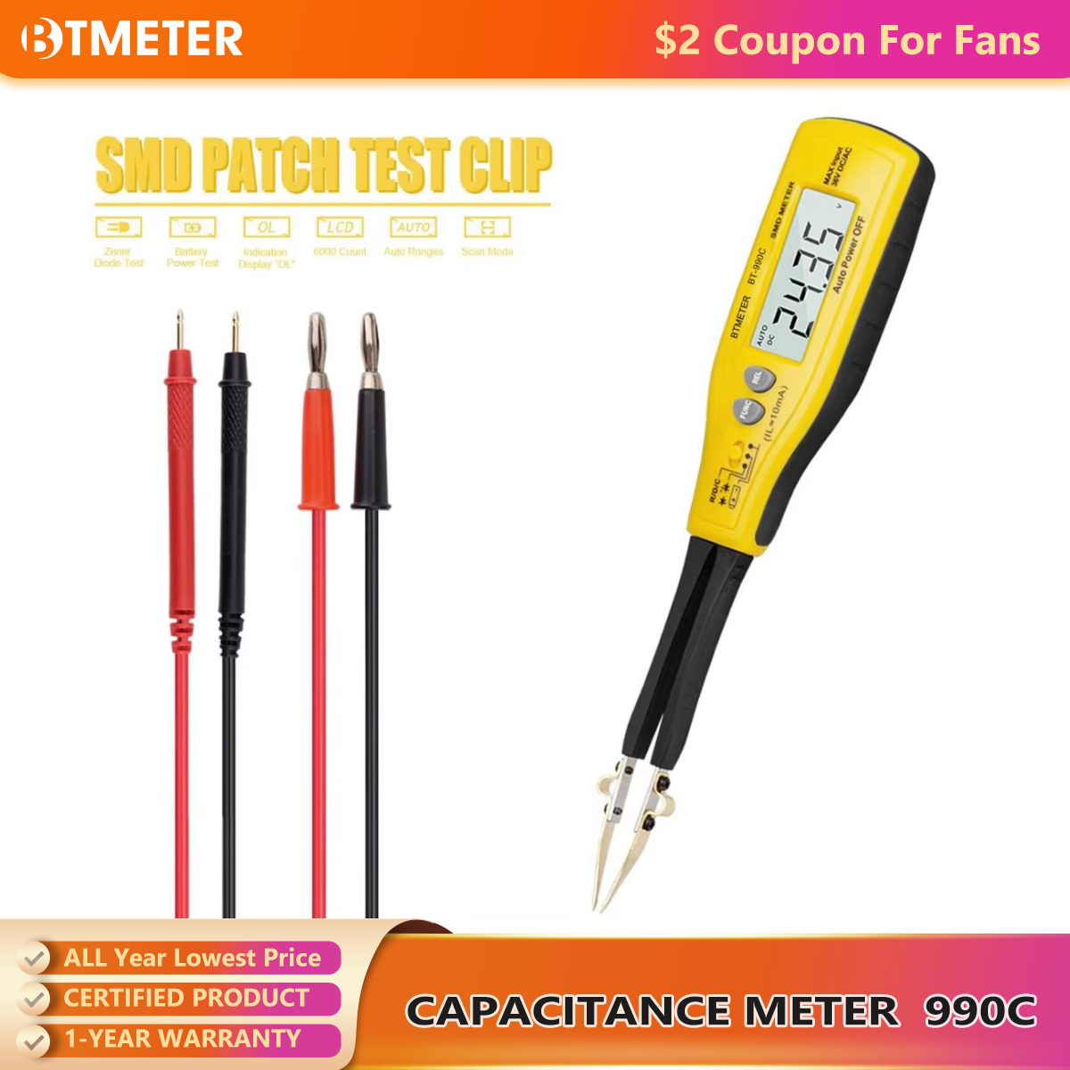 Smd Tweezer Set - 990C Smart SMD Testerสมาร์ทแหนบดิจิตอลมัลติมิเตอร์RCไดโอดช่วงอัตโนมัติช่วงตัวต้านทานตัวเก็บประจุแบตเตอรี่เครื่องทดสอบพกพากล่อง